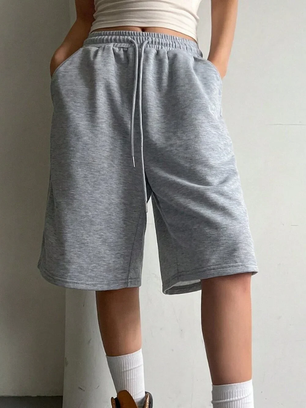 Grey Casual Women's Elasticated Drawstring Bermuda Shorts - Picture 4 of 5